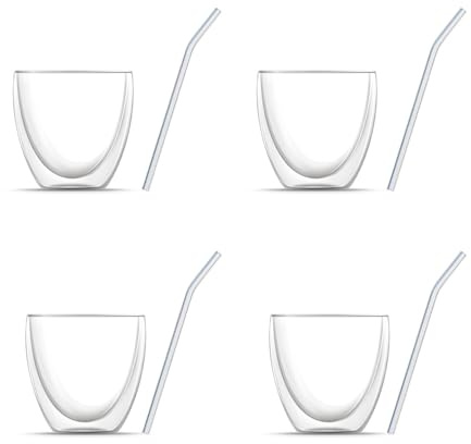BEM 8-er Gläser Set: 4x 240 ml Doppelwandige Kaffeegläser, 4x Glasstrohhalm | für heiße und kalte Getränke, Borosilikatgläser, Thermogläser Teegläser, Kaffeetassen und Teetassen Set