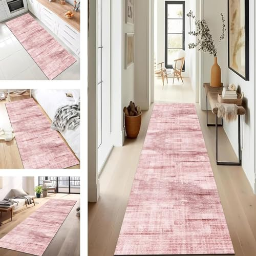 SUCERU Teppich Läufer für Küche Flur Wohnraum Küchenläufer rutschfest mit Gelrücken 50X240CM Rosa Weiß Polyester Dauerhaft Waschbar Teppichläufer Teppich Läufer für Waschküche Eingang Wohnzimmer