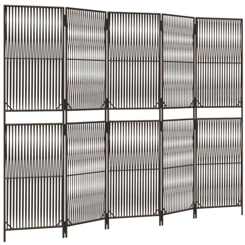 vidaXL Paravent 5-TLG., Raumteiler Linien-Webdesign Faltdesign, Trennwand Sichtschutz für Innen Außen, Spanische Wand Raumtrenner, Braun Poly Rattan