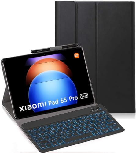 YHFZR Tastatur Hülle für Xiaomi Pad 6S Pro, [Deutsches QWERTZ] Ultraslim Hülle mit 7 Farben Beleuchtung Kabellose Tastatur mit Schützhülle für Xiaomi Pad 6S Pro 12,4 Zoll, Schwarz