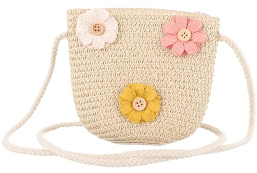 DEARMAMY Sacs À Main en Paille pour Petites Filles: À Bandoulière en Paille À Fleurs Tissé pour Fille Joli À Bandoulière en Paille