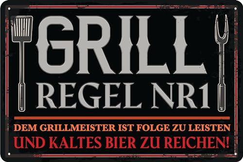 30 x 20 cm Blechschild – lustiger Spruch - Grillregel Nr. 1 „Dem Grillmeister ist Folge zu leisten und kaltes Bier zu reichen!“