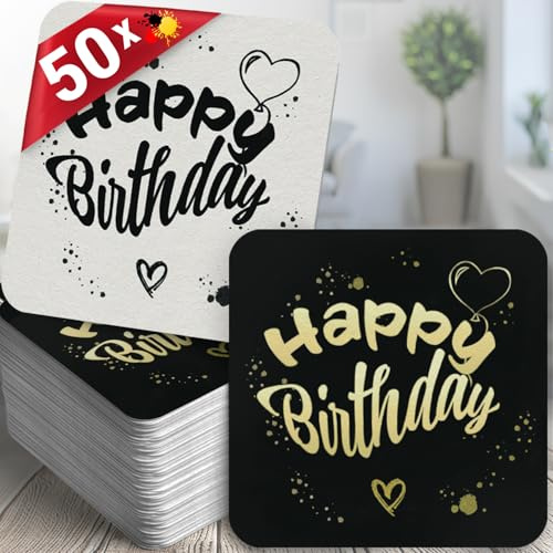 Bierdeckel Geburtstag Happy Birthday – 50er Set in Schwarz-Gold von Funke & Brand, Feierliches Design, Tisch-Deko Geburtstag