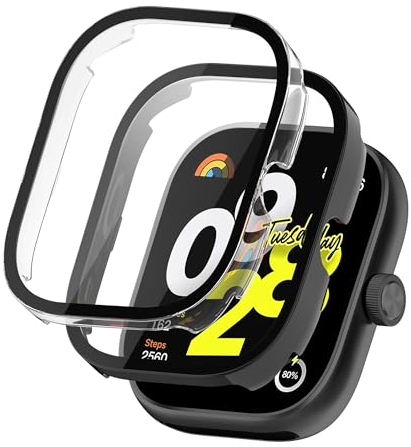 NEWZEROL 2 Stück Schutzhüllen Kompatibel für Xiaomi Redmi Watch 4, PC-Schutzrahmen + Displayschutzfolie aus Gehärtetem Glas für Xiaomi Redmi Watch 4 – Schwarz/Transparent