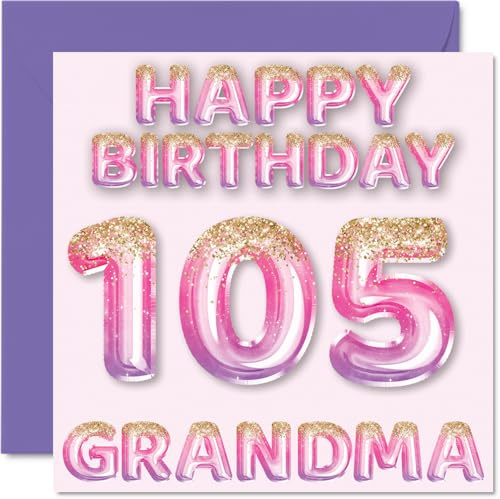 105th Birthday Card for Grandma, Pink & Purple Glitter Balloons | Happy Birthday Cards for 105 Year Old Grandma from Grandson Granddaughter, 145mm Bday Greeting Cards Gift