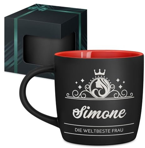 Maverton Keramik Kaffeebecher 400ml mit Gravur - personalisierte Kaffeetasse aus Matt Keramik mit Henkel für Frauen zum Geburtstag zu Weihnachten - Trinkbecher matt schwarz - Innen rot - Dame