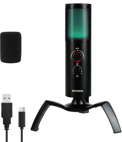 Retekess TG101 Microfono Podcast, Microfono Gaming pc, 96 dB Rapporto Segnale/Rumore, Buona Qualità del Suono, Cardioide e Omnidirezionale, 7 Luci RGB, Microfono per Pc, Compatibili, PS4, PS5