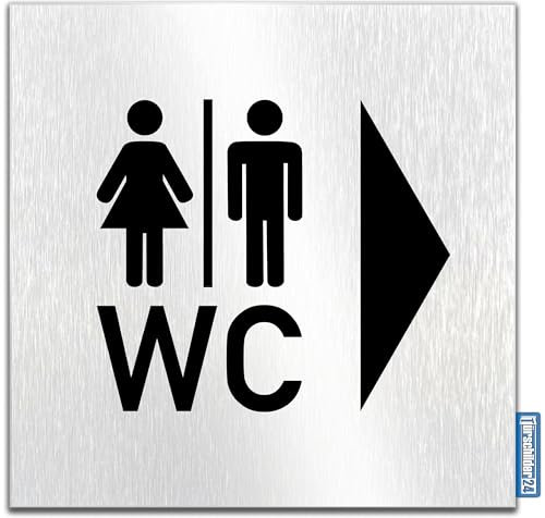 Türschilder24 Placa de aluminio Dibond para puerta, 120 x 120 x 3 mm, silla de ruedas para inodoro izquierda/derecha • 100% fabricado en Alemania (WC + picto/flecha derecha)