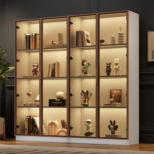Lexiou Juego de 2 vitrinas de cristal blanco con iluminación LED de 16 colores, vitrina con puertas batientes y estantes móviles, armario alto para sala de estar, armario independiente