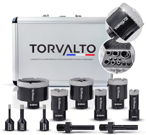 Kit foret diamant Professionnel TORVALTO 6/8/10/20/25/35/40/50/68 + 2 adaptateurs HEX/SDS inclus pour perceuse. Idéale pour Carrelage Porcelaine Marbre Granit. Scie cloche carrelage Robuste