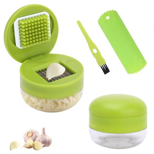 Foyucool Spremiaglio Professionale da Cucina Set, 2 pezzi Schiaccia Aglio con Pelapaglio Silicone e Pennello, Lame in Acciaio Inox, Facile da Usare, per Aglio, Zenzero e Frutta Tritati