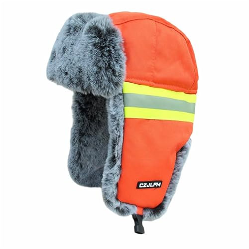 GIBZ Unisex Trappermütze für die Arbeit im Freien, Russische Wintermütze mit Reflektierenden Streifen, Plüsch Winddichte Fliegermütze, Orange