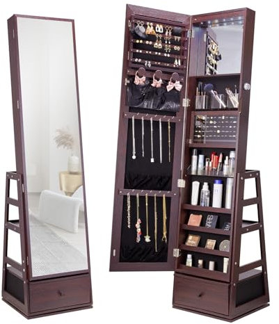 VEVOR Schmuckschrank, 360° schwenkbarer Standspiegel mit Aufbewahrung, abschließbarer Schmuckspiegel-Organizer mit Ganzkörperspiegel & Samtfutter & LED-Licht & Schublade, Schmuckschrank braun