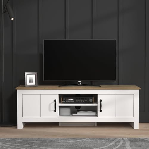 Galano Laverton TV Unit – White TV Cabinet, TV Stand Unit and TV Table with 2 Doors – Modern TV Bench for Living Room, Fits up to 55 TV (White/Oak)