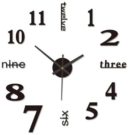 3D Klebe Wanduhr Groß 50CM, Leise und Selbstklebend, DIY Mute Modern Uhr Wandtattoo Dekoration, Dekorative Aufkleber für Wohnzimmer Küche Schlafzimmer Büro, Schwarz