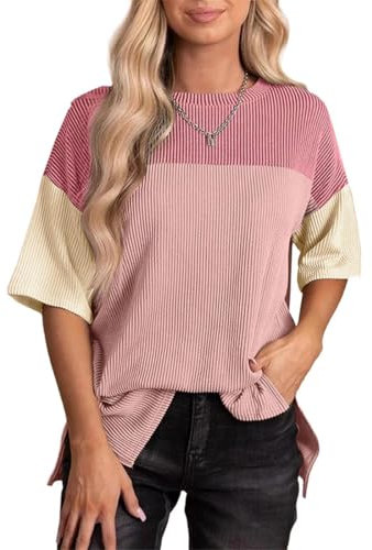 OLIPHEE Tee Shirt Femme Tshirt Côtelé Couleurs Patchwork Col Rond T-Shirt Femme Manches Courtes Haut Basique Casual T Shirt Femme Tunique Femme Longue Top Femme Été Rose M