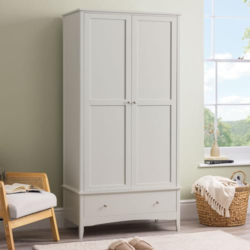 CHRISTOW Double Wardrobe with Drawer, Soft Shut 2 Door Storage Cupboard, Modern Wooden MDF Bedroom Furniture, Clothes Rail, Shelf, Brushed Chrome Handles, Natural Stone Colour (185cm x 94.5cm x 50cm)