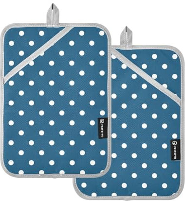 Presine resistenti al calore a pois blu scuro Mid Century moderne presine per cucine con tasca per forno caldo guanti da cucina confezione da 2