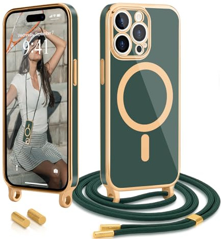 Wirvyuer Coque avec Cordon pour iPhone 14 Pro Magnétique Étui,Vert foncé | Compatible avec MagSafe,Coque avec Collier Réglable,Silicone galvanisé Cellulaire Housse, Lanyard Case