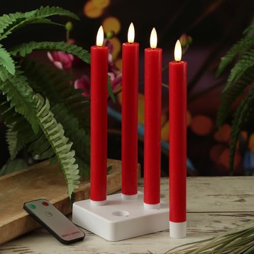 MARELIDA LED Stabkerzen Tafelkerzen mit Ladestation Fernbedienung Timer Echtwachs Dinnerkerzen Tafelkerzen wiederaufladbar 4er Set (rot)