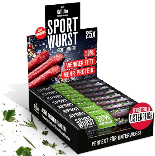 Grillido Sportwurst Rind & Kräuter 25x20g (500g) aus Österreich – Proteinreicher Fleischsnack mit 39% Eiweiß, ohne Zucker, ohne Schweinefleisch – Herzhafte Alternative zu Beef Jerky & Proteinriegel