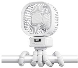 Ventilador Portátil para Carrito Bebe con 10000mAh, 3 velocidades Ventilador Recargable con Rotación de 270°, Ventilador USB Silencioso con Soporte Extraíble y LED para Carrito Bebe, Cunas, Blanco