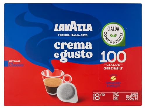 Lavazza, Crema e Gusto Classico, Caffè per Macchine Espresso, Arabica e Robusta con Note di Legno e Tabacco, Intensità 8/10, Tostatura Scura, 100 Cialde