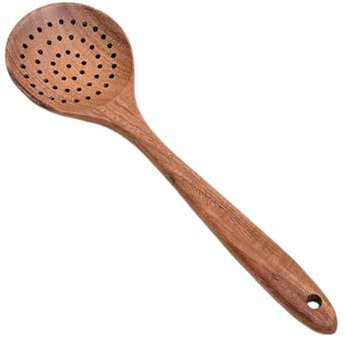 Utensil Set Wooden Cooking Utensil Teak Slotted Spoon For Cooking Natural Wood Colander Spoon With Holes Long Handle Teak Strainer With Teeth For Straining Draining Egg Meat (Brown, 28. 5x8cm)