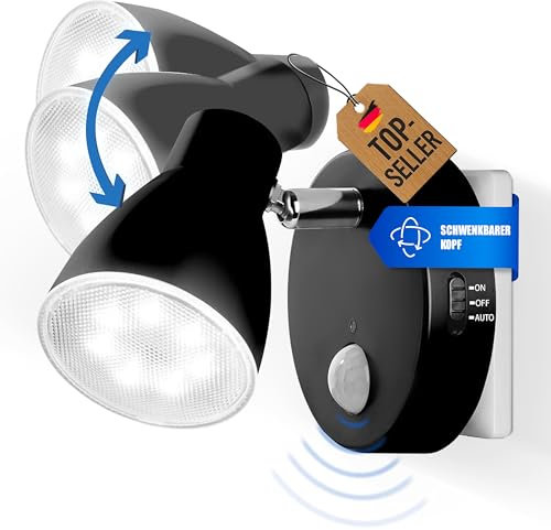 Trango 2635-015 LED Sensor Nachtlicht – Schwarz – Drehbar & Schwenkbar – Automatikfunktion – Bewegungssensor – 230V Steckdosenlampe – Sicherheits- & Orientierungslicht