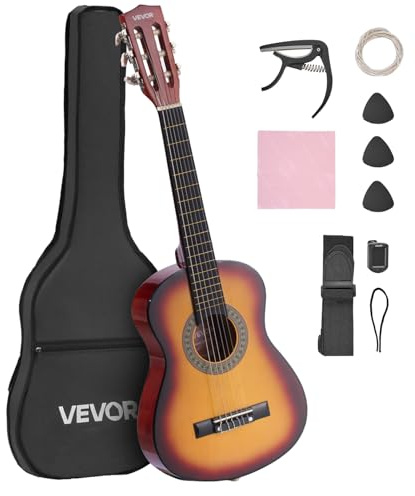 VEVOR Guitare Classique Débutants, 78 cm, Kit avec Cordes en Nylon, Housse de Transport, Sangle, Accordeur, Cordes Supplémentaires, Médiators, Capodastre, en Tilleul, pour Jeunes Enfants et Musiciens