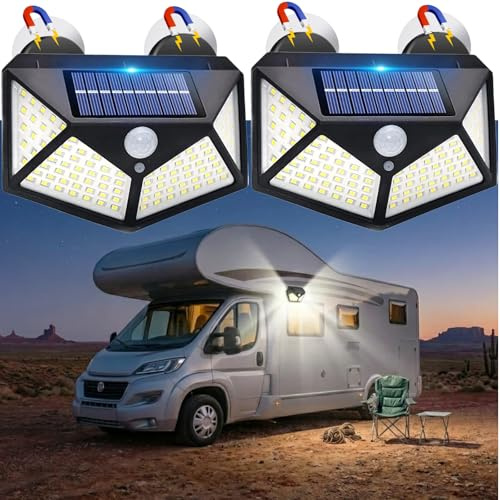 Silanit Paquete de 2 luces solares magnéticas para RV, sensor de movimiento, luces de porche y toldo, carga solar, accesorios de RV para exteriores, múltiples modos, compacto para caravanas y