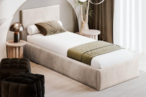 MOEBELPAKET.de Bett Azzurro S05 90x200 cm, Stauraum, Metallrahmen, Beige | Betten, Polsterbett mit OEKO-TEX Zertifikat, EU-Herstellung, Modern Einzelbett