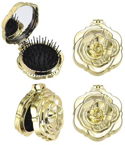 sourcing map 2Pcs Travel Hair Brush with Mirror Rose Shape Gold | Mini Massage Hairbrush, Portable Makeup Pocket Mirror Folding Comb for Purse Women Girls Gym Camping Party and Daily Use