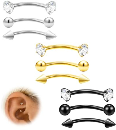 9 Stück Augenbrauen Piercing Titan, 16G Hypoallergen Augenbrauenpiercing Rook Piercing Gold Silber Schwarz Eyebrow Piercing Banane für Damen Herren Zirkonia Helix Tragus Labret Belly Button Piercings