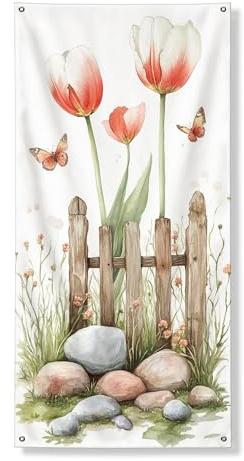 Frühlingsblumentürabdeckung, Banner, dekorativ, Vintage-Tulpen, Schmetterlinge, Gartendekoration, für drinnen und draußen, saisonaler hängender Hintergrund, 91,4 x 183,9 cm