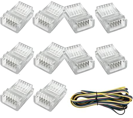 Wcawnlt LED Strip Verbinder 6 Pin 12mm RGB+CCT Streifen zu Kabel Adapter lötfrei für FCOB COB Lichtleiste, 10 Stück transparent Kristall Schnappverschluss mit 5m Verlängerungskabel 22AWG für DIY Beleu