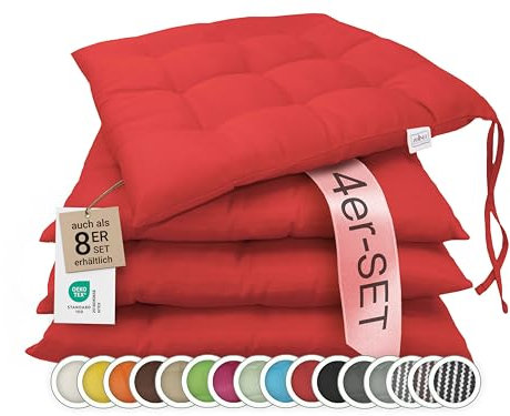 ZOLLNER 4er Set Sitzkissen in 40x40cm - gemütliche Stuhlkissen mit Bindebänder - waschbar bis 30°C - in rot - Oeko Tex® Zertifiziert