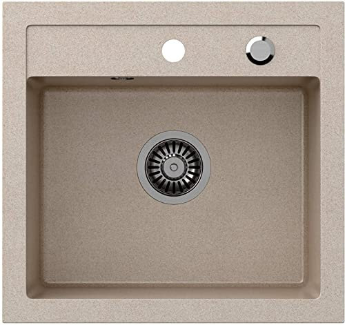 Fregadero fregadero Granito 46 x 49 único Platillos Cocina Fregadero verbund püle Cocina Fregadero Beige/Negro Rectangular + drexex Center + Sifón para lavabo, Beige