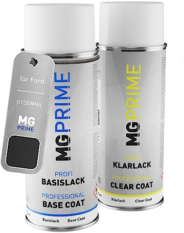 MG PRIME Autolack Sprühdosen Set für Ford G9ZEWHA / PNZAT0 / G1 Absolute Black Pearl/Iridium Schwarz Metallic Basislack Klarlack Spraydose 400ml