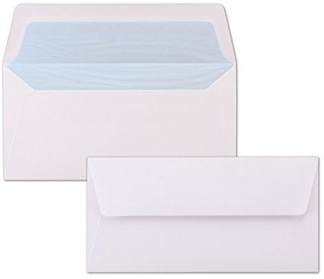 100 Briefumschläge Weiß - DIN Lang - gefüttert mit hellblauem Seidenpapier - 22 x 11 cm - Nassklebung, gerade Klappe - Ideal für Einladungen und Grüße zu Geburtstag und Weihnachten