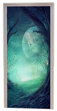 A.Monamour Stickers Muraux Halloween Gothique Automne Vallée avec Arbre Spooky Bois Ouverture Ronde Pleine Lune Salle Porte Stickers Papier Peint Peintures Murales De Porte Autocollants Affiches