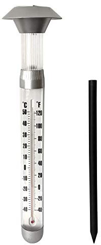 Grundig Solarlampe und Thermometer - Ø12,5 x 97cm - LED Gartenbeleuchtung mit Solarbetrieb - Erdspieß