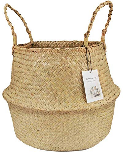 Gemini_mall Natural Seagrass Basket,Woven Foldable Plant Flower Pot Handmade Belly Basket with Handle for Storage, Laundry, Picnic, Plant Pot Cover, and Beach Bag Primary Color XL