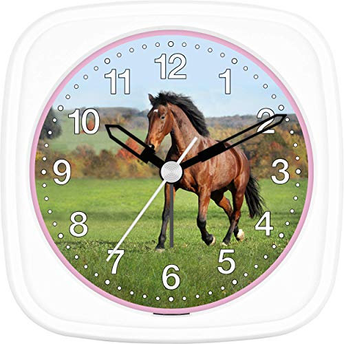Eurotime Kinder Wecker für Mädchen mit Pferde-Motiv, Kunststoffgehäuse und Kunststoffglas, geräuscharmer Wecker, kein Ticken, mit Licht und Weckwiederholung, 27012-00