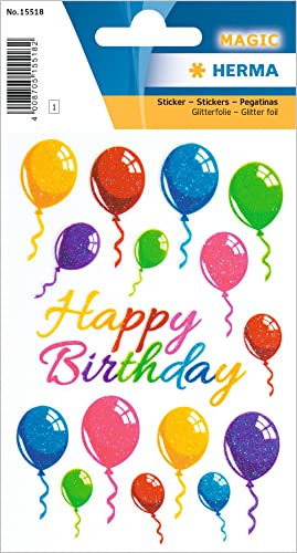 HERMA 15518 Aufkleber Geburtstag Glitzer, 16 Stück, Geschenk Sticker mit Luftballons Happy Birthday Schriftzug, Erwachsene Kinder Geschenkaufkleber für Glückwünsche Herzlichen Glückwunsch Dekoration