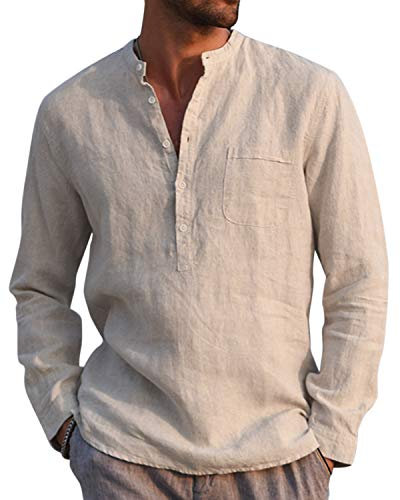 AUDATE Mens Casual Cotton Shirt Autumn Winter Long Sleeve Band Collar Henley Shirt Tops Khaki XL