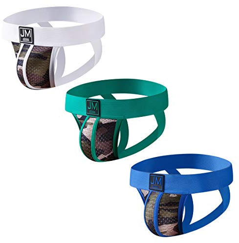 3 Stück/Pack Herren Suspensorium Mesh Herren Slip Jock Strap Sport Tarnung Unterwäsche Slip (L, Weiß + Blau + Grün)