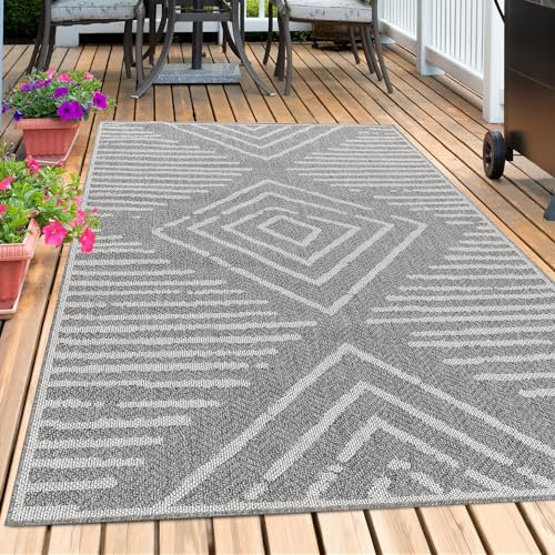 Outdoor Teppich Wetterfest Terasse Garten Balkon Picknick Camping Teppich Gestreift Design Sisal Optik Flachgewebe Küchenteppich Pflegeleicht Rechteckigen Form Farbe: Grau, Grösse: 160 x 230 cm