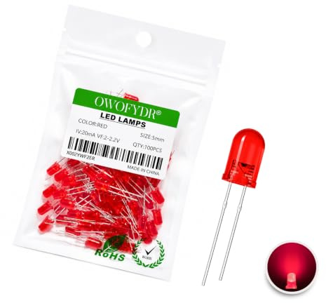 OWOFYDR 100-Pack 5mm Red LED Diodes, Diffused Red Lens, 2V-2.2V 20mA | Red-colored diffused lens emits 620-625nm red light; 2-pin through-hole format for PCB, breadboard and indicators