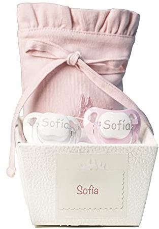 BebeDeParis | Schnuller für Babys, personalisierbar mit Namen, für Babys von 0-6 Monaten, BPA-frei, präsentiert in eleganter Vintage-Box (Rosa, 2 Schnuller + Tasche)